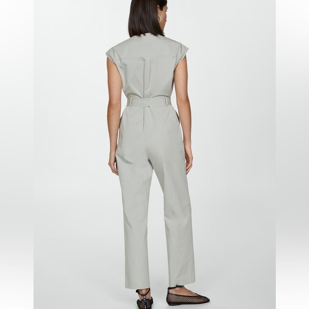 $99 Mango 100% COTTON JUMPSUIT vneck sleeveless w/ belt light heather grey Small - Picture 2 of 13